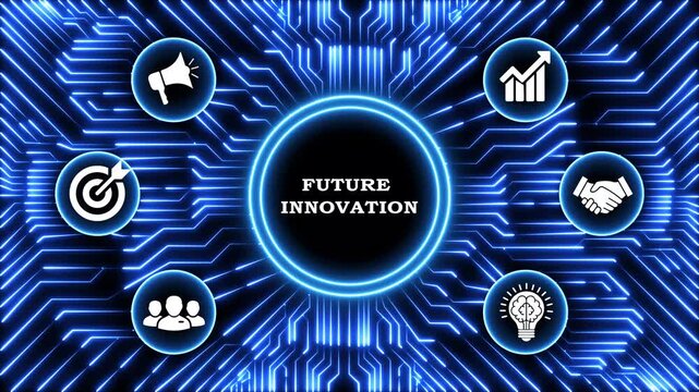 Future innovation text with glowing digital circuit board pattern business motion.