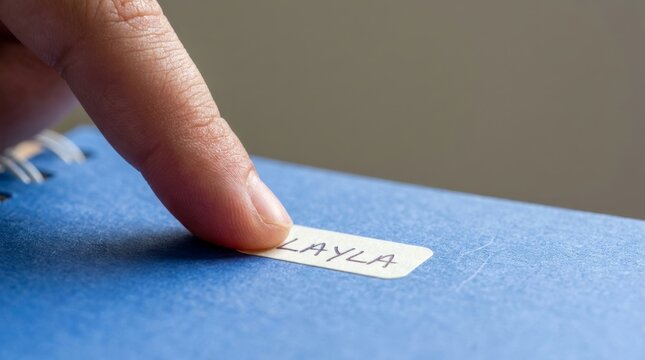 Close-up of a finger pointing to a name label with the name Layla on a blue binder