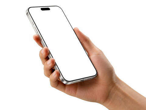 Hand holding smartphone mockup. Perspective view of blank mobile phone screen isolated on transparent background for app.