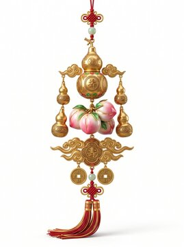 Museum-quality oriental prosperity ornament featuring Wu Lou, longevity peaches, hanging golden gourds, auspicious clouds, metallic gold craftsmanship