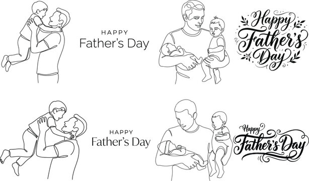 Happy father's day line art illustrations for dad and kids