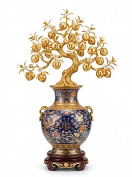 Luxury prosperity vase with golden peach tree., isolated on pure white background