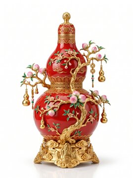 Masterpiece luxury feng shui ornament featuring an imperial red ceramic Wu Lou gourd decorated with a magnificent golden longevity peach tree, delicate pink peaches