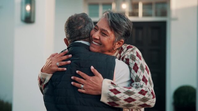 Senior, couple and hello with hug at front door for welcome home, happy reunion and belonging. Retirement, excited woman and embrace partner outdoor for greeting, love connection or comfort in return