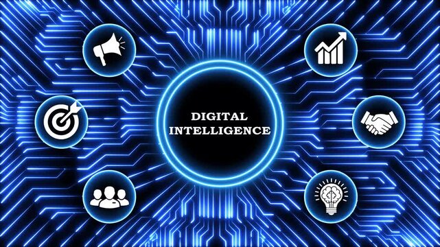 Digital intelligence concept with circuit board pattern and business icons motion.