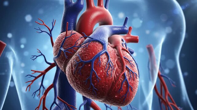 Human Heart and Circulatory System Anatomy Illustration with Blood Vessels.