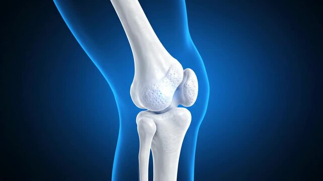 Human Knee Joint Anatomy with Glowing Pain Indication on Blue Background.