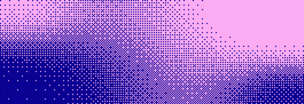 Blue and pink pixelated bitmap texture background. Retro pixel art, glitch dither pattern, 8 bit background. Leisure or arcade games duotone border frame. Vector illustration
