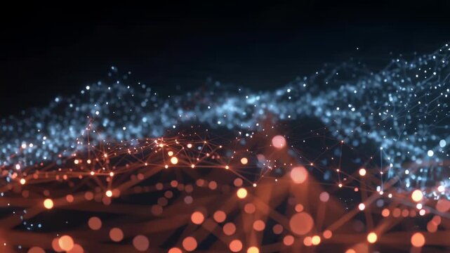 Abstract glowing network of interconnected nodes and lines with bokeh lights in orange and blue on a dark background