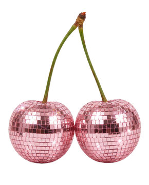 Pink disco ball style cherries on a stem