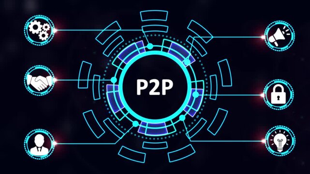P2 p peer to peer network technology concept with digital hud interface and business animation