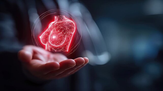 Doctor holding a glowing holographic female breast anatomy above an open hand, representing breast health, mammary gland examination, breast cancer awareness, medical diagnostics, women's healthcare.