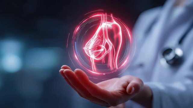 Doctor holding a glowing holographic female breast anatomy above an open hand, representing breast health, mammary gland examination, breast cancer awareness, medical diagnostics, women's healthcare.