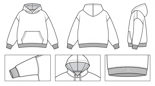 Technical drawing of a hoodie with multiple views and details.