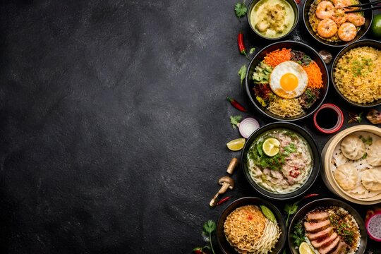A vibrant collection of diverse Asian cuisine dishes, including bibimbap, noodles, dumplings, and duck, artfully arranged on a dark stone background with ample copy space. Perfect for restaurant