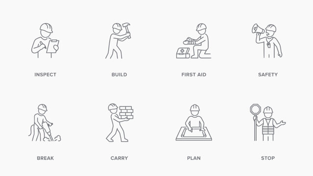 Set of eight simple construction safety icons showing inspect, build, test, safety, break, carry, plan, and stop actions