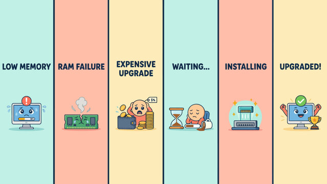 Computer ram upgrade process illustrated with cute cartoon characters and stages