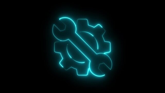 blue neon line settings icon animation with gear and wrench for web applications and technical concepts. on black background settings, gear, wrench, software configuration, UI interface.