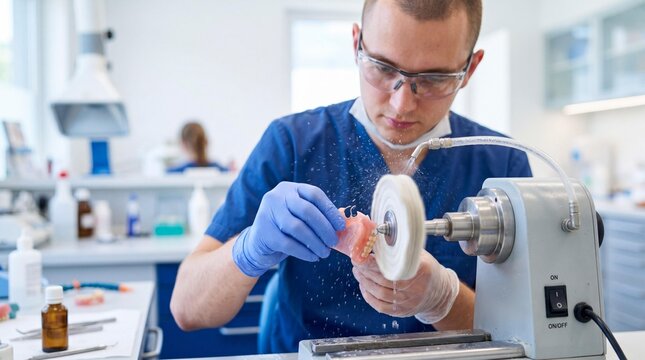 Dental technician polishing a partial denture on a lathe in laboratory