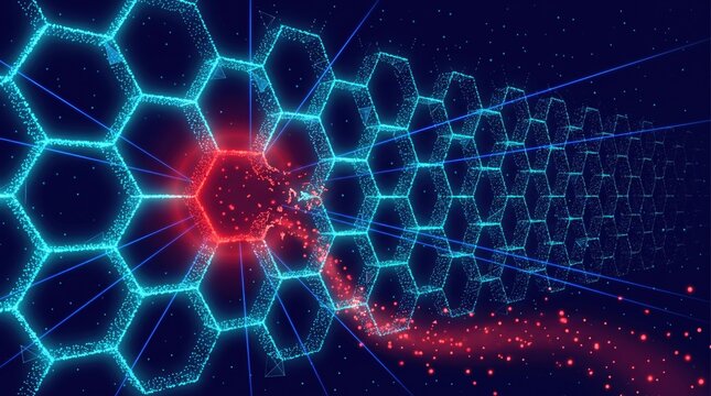Red glowing hexagon breaking through blue digital network grid