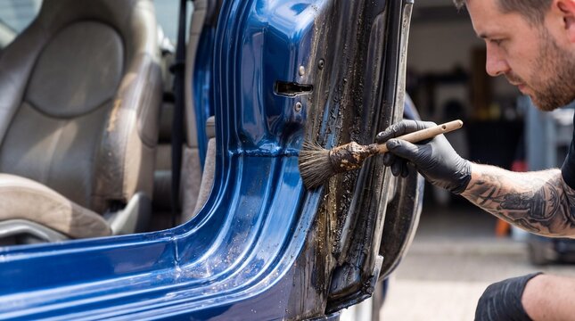 Professional Detailer Cleaning Dirty Car Door Jamb with a Brush