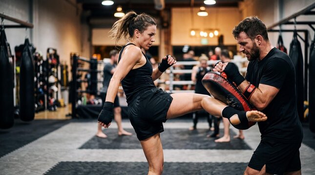 Athletic Woman Practicing Kickboxing with Trainer in Gym Workout Class