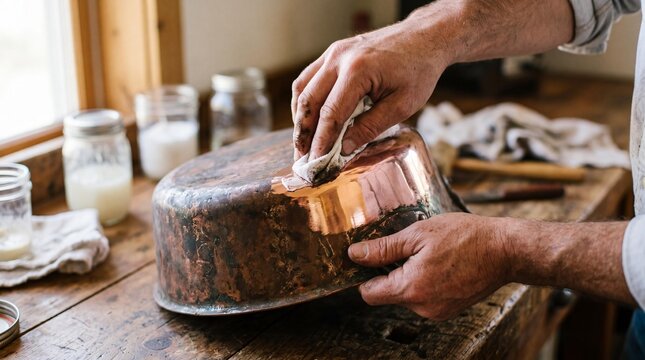 Artisan restoring and polishing a vintage copper pot in a rustic workshop