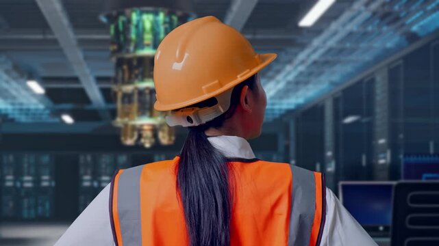 Close Up Back View Of A Female Engineer Wearing Safety Helmet Looking Around While Standing With Arms Akimbo at Futuristic Quantum Computer Data Center Control Room