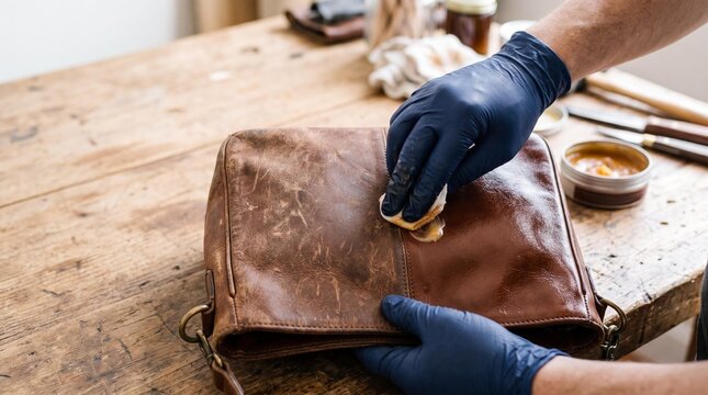 Craftsman restoring old brown leather bag with conditioner on wooden table
