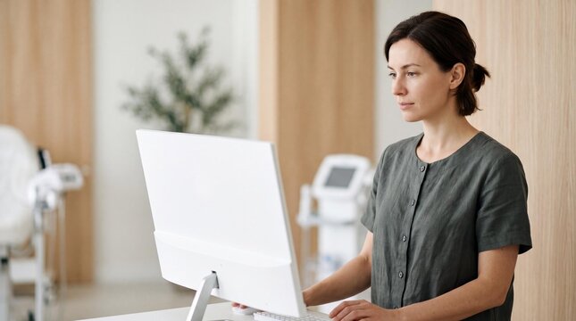 Female wellness clinic receptionist working on computer at reception desk