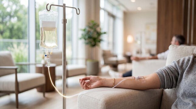 Woman receiving IV vitamin drip infusion therapy at a wellness clinic
