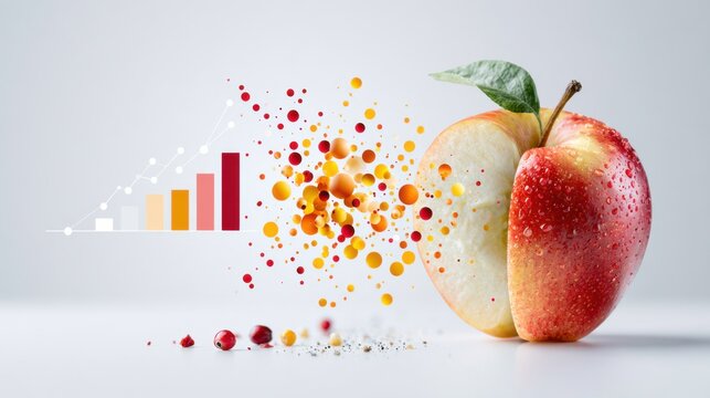 An apple cut in half, with particles and a bar chart emanating from it, signifying growth and data.
