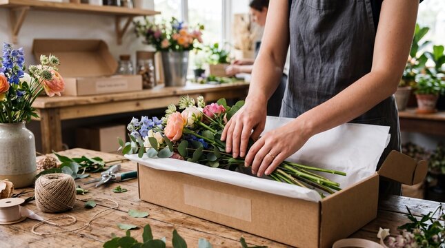 Florist arranging a fresh bouquet in a cardboard box for delivery