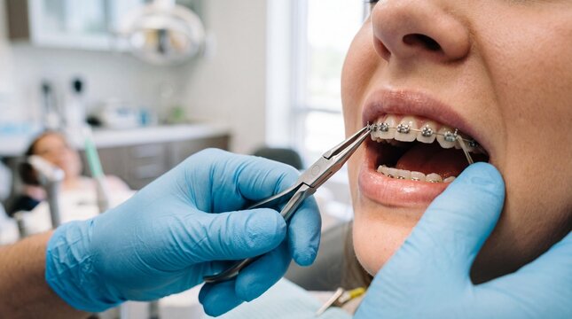 Orthodontist using dental pliers to adjust metal braces on female patient