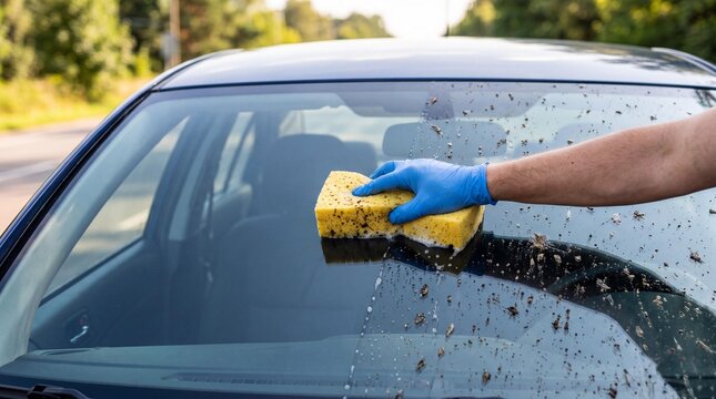 Man cleaning dirty car windshield with yellow sponge and soapy water