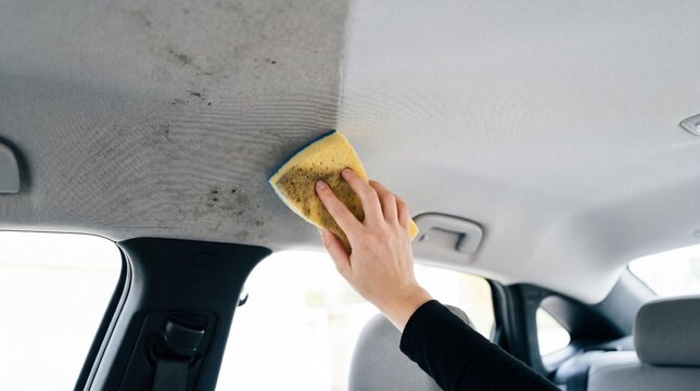 Professional car detailing worker cleaning dirty fabric ceiling headliner