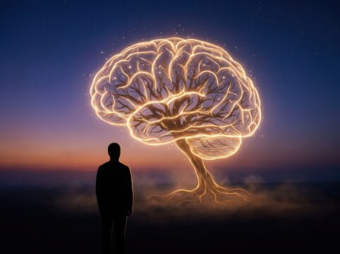 Silhouette facing glowing brain tree under starry night sky, personal growth