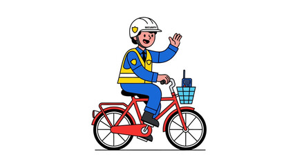 Fototapeta premium Friendly security guard riding bicycle and waving hello.