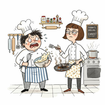 Two expressive chefs in a chaotic kitchen, one looking scared while holding a bowl and whisk, other looking angry while holding a smoking frying pan.