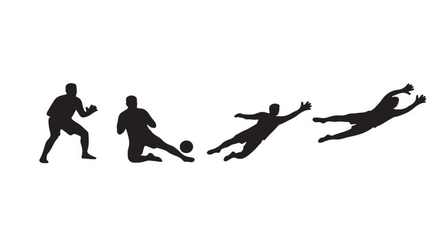 Soccer goalkeeper silhouette set, football goalie diving and catching ball vector, athletic player action poses for sports design and competition