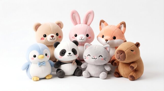 Adorable collection of stuffed animals including bear, penguin, panda, rabbit, cat, fox, and pig toys sitting together.