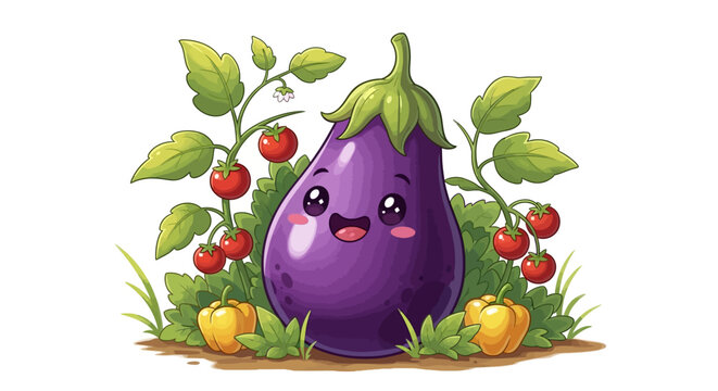 Cute cartoon eggplant character smiling in a garden with tomatoes and peppers