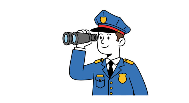 Police officer in blue uniform looking through binoculars