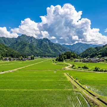Green Rice Paddies Under Summer Cumulonimbus Clouds In Rural Japan