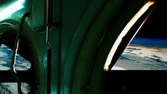 A view from a space station window shows Earth below with clouds and the curve of the planet. The dark space surrounds the scene, adding depth to the perspective of space travel.