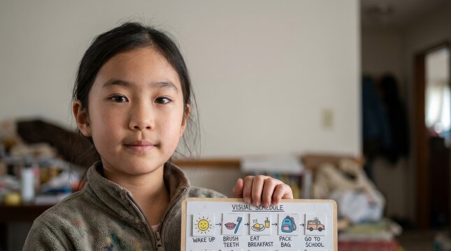 Young Asian girl holding a daily routine chart with illustrated steps for children