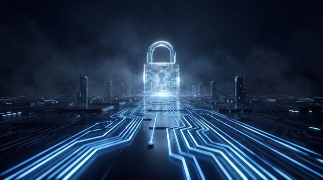 Glowing padlock on circuit board landscape, cybersecurity
