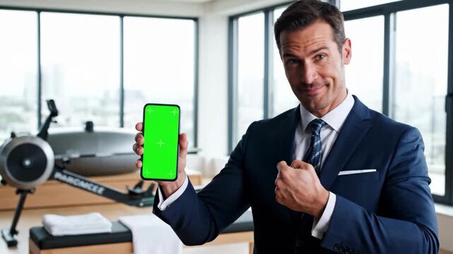 Confident businessman showing a green screen smartphone in a modern gym setting, promoting fitness apps or digital services.