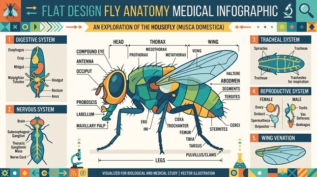 Flat Design Medical Infographic of Housefly Anatomy Musca Domestica with Detailed Biological Systems