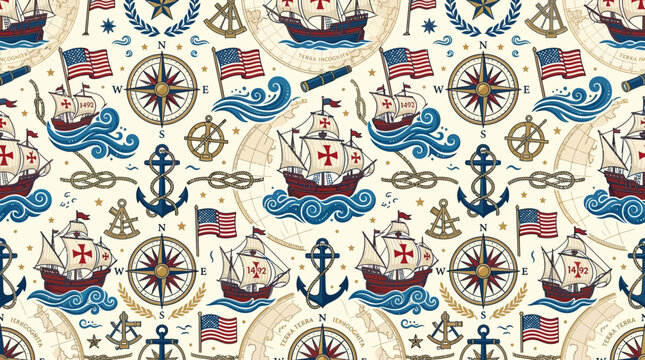 Vintage nautical pattern features ships, anchors, and compasses on cream background